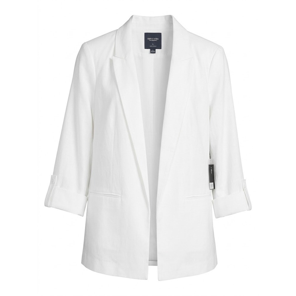 Simply Vera Vera Wang Blazer Womens L White Linen Blend 3/4 Sleeve Open Front